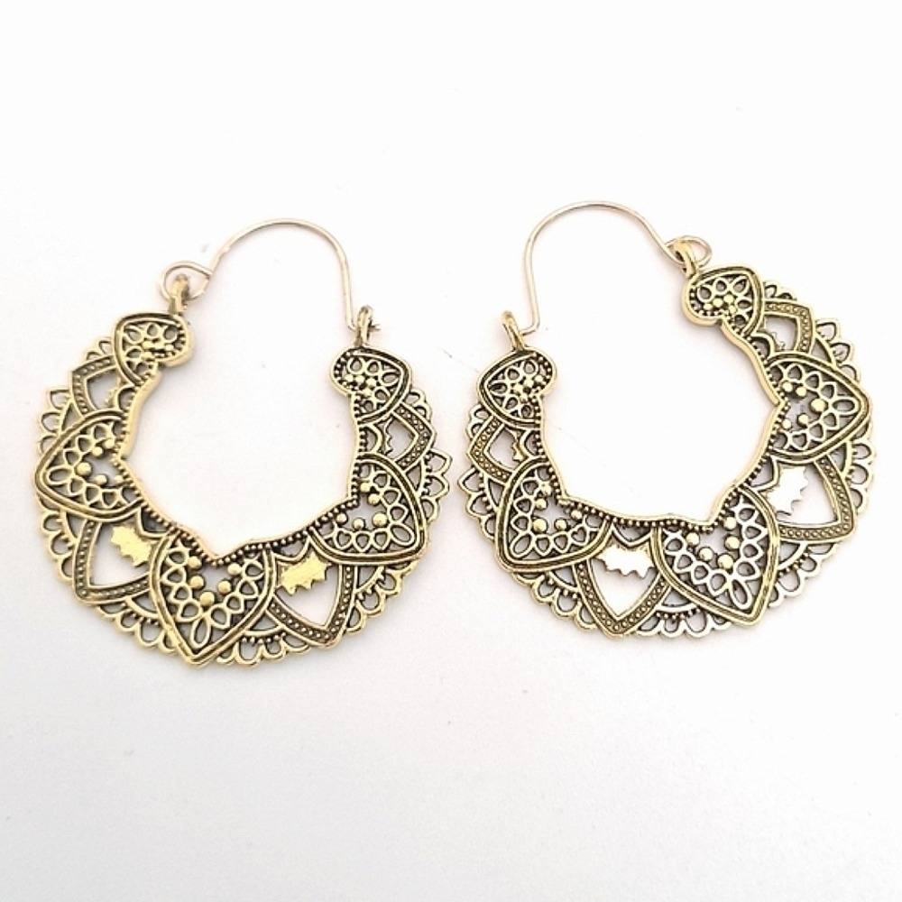 Gold Tone Hoop Earrings Filigree Cutout Boho Festival Tribal
